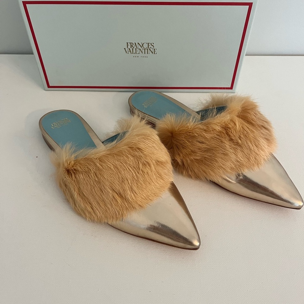 Frances Valentine Metallic Gold Leather with Fur Mules - Picture 3 of 7